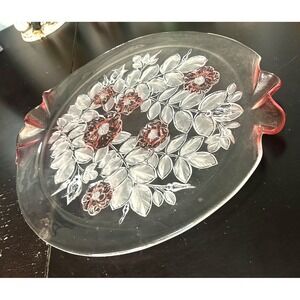 Ruby Flash Rose Pedestal Cake Stand 12" Vintage Depression Glass, Large 14.5"W
